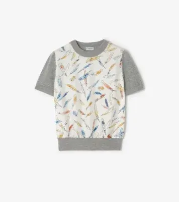 Feather Print Panel Wool Silk T-shirt in Pale grey