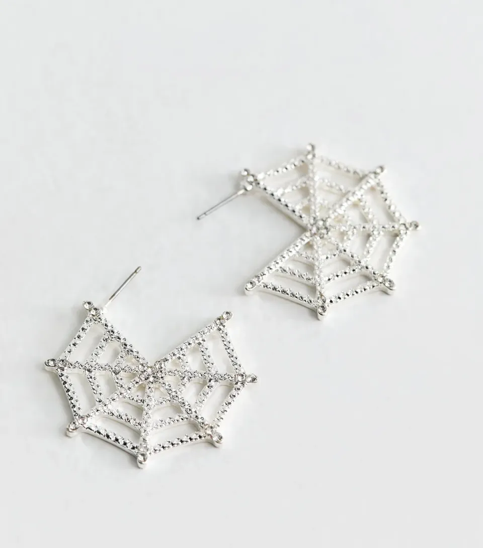 Silver Tone Halloween Sparkly Spider Web Hoop Earrings