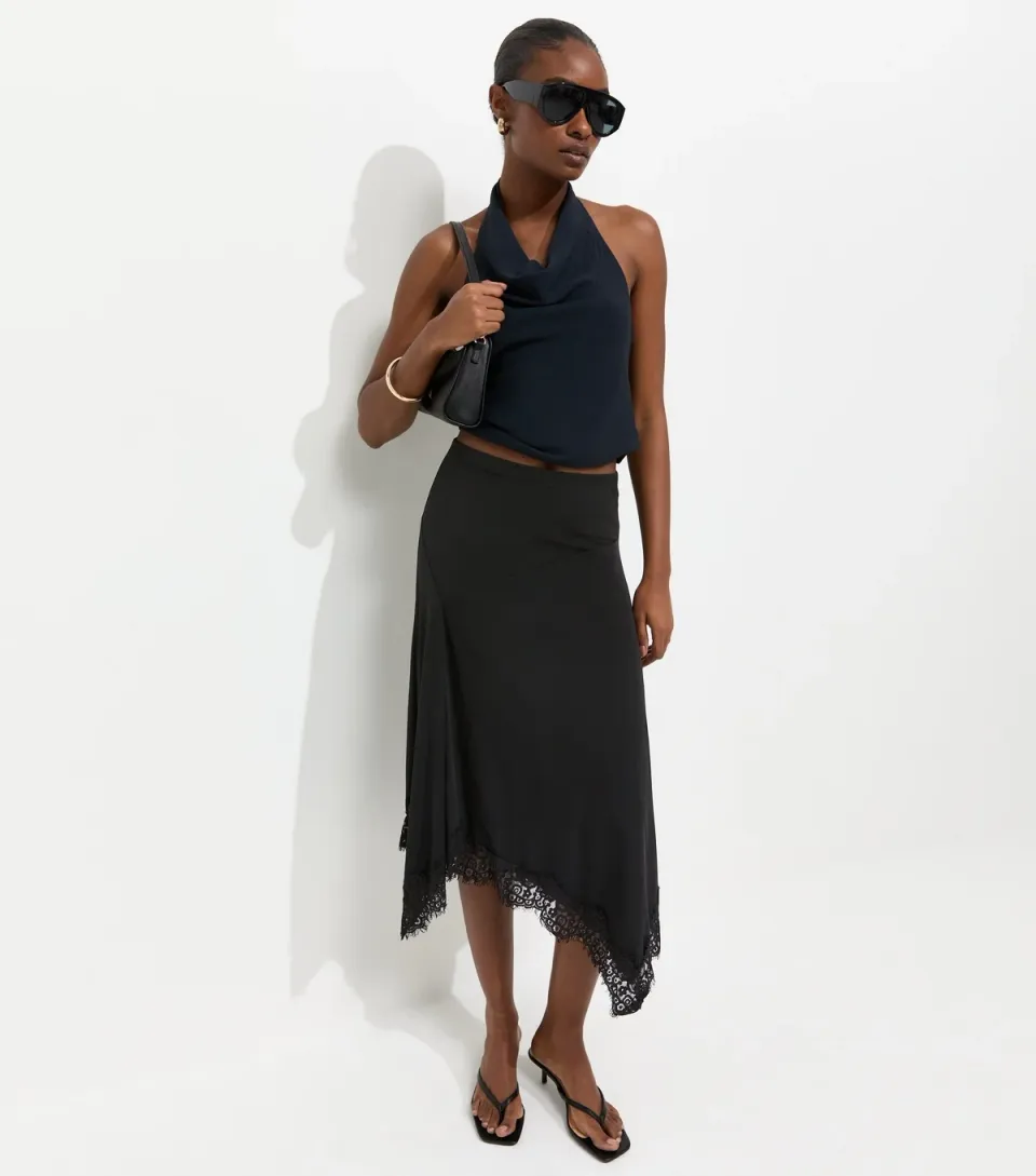 Women's Black Lace Trim Hanky Hem Midi Skirt