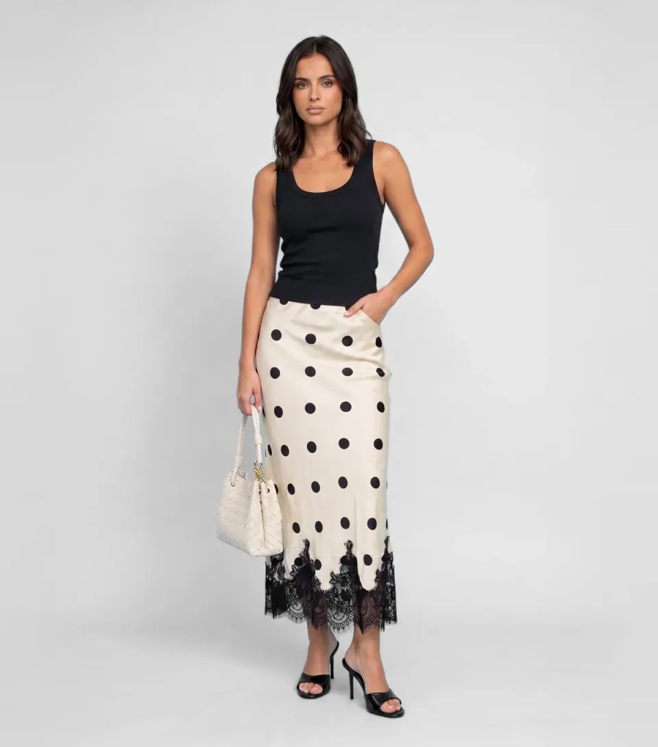 Women's White Satin Polka Dot Lace Hem Maxi Skirt