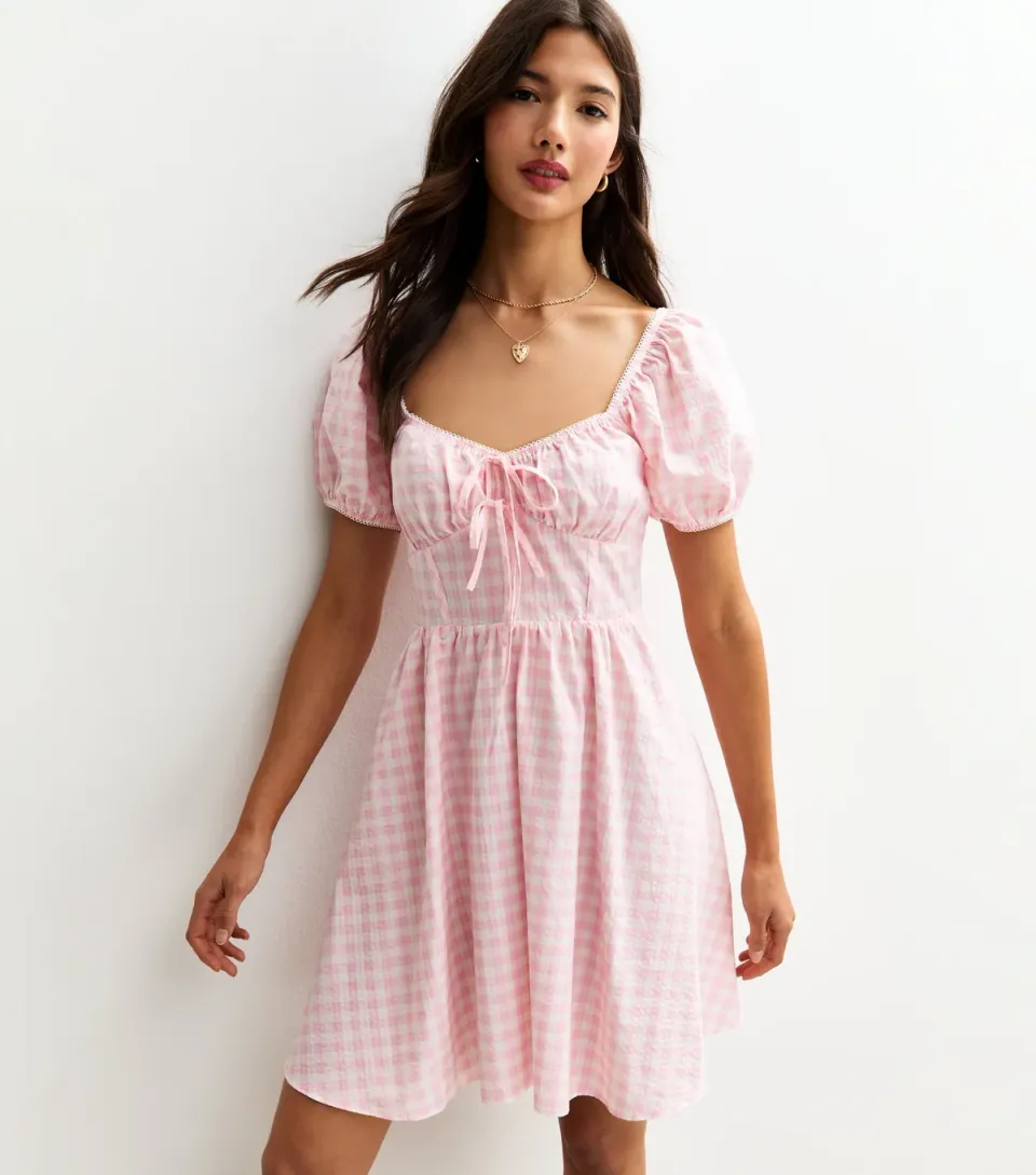 Women's Pink Gingham Puff Sleeve Mini Dress