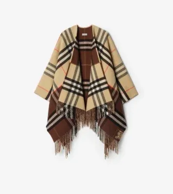 Contrast Check Cashmere Wool Cape in Sand beige/treacle brown