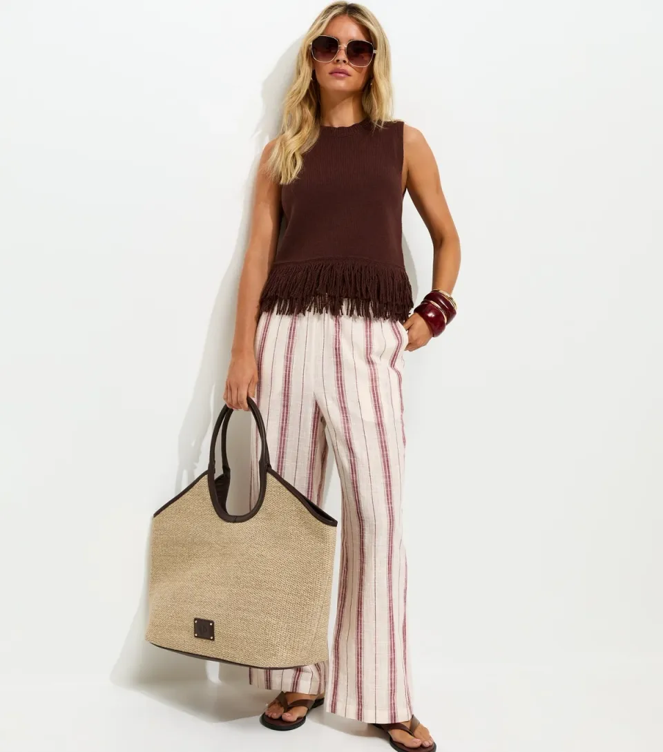 Women's Petite Rust Striped Woven Wide Leg Trousers