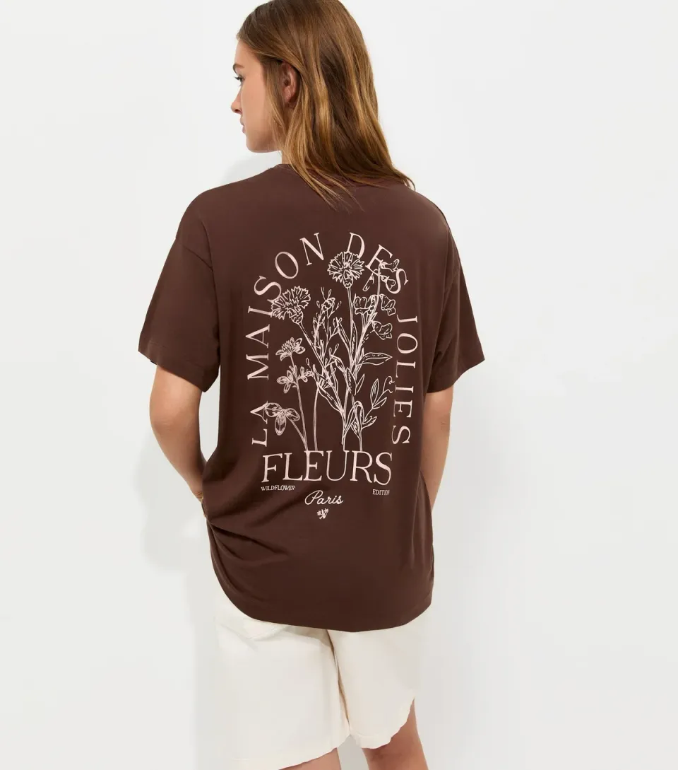 Women's Dark Brown Cotton Paris Oversized T-Shirt