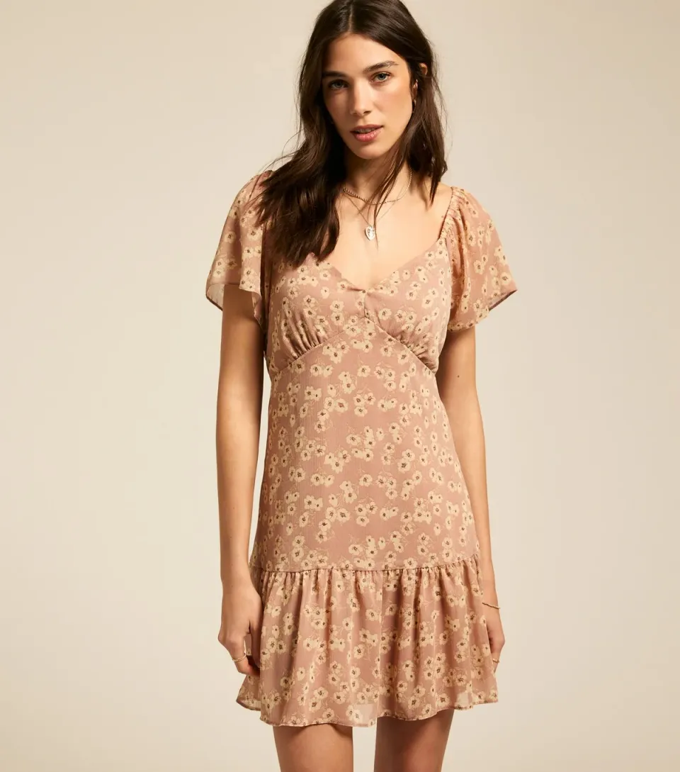 Women's Green Daisy Print Tiered Hem Chiffon Mini Dress