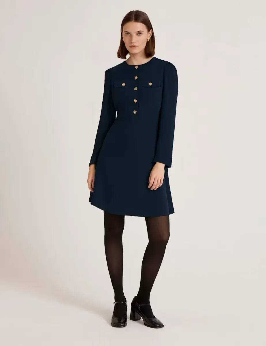 Crepe Knee Length Tailored Dress Navy