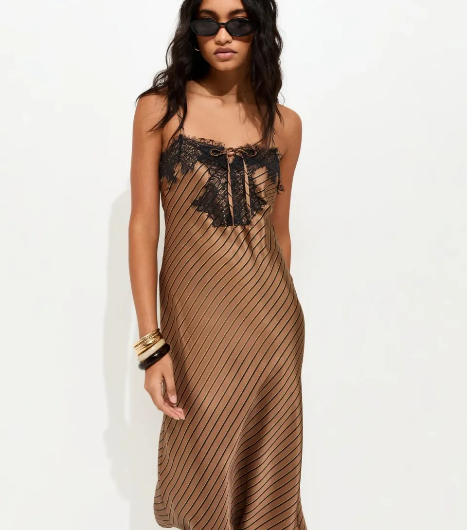 Women's Brown Satin Striped Slip Midi Dress