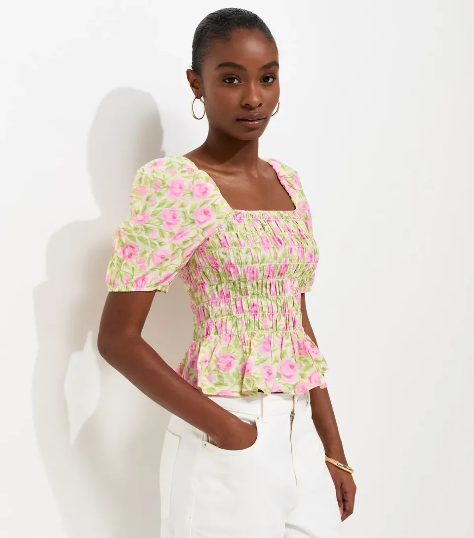 Women's Pink Rose Print Shirred Puff Sleeve Top