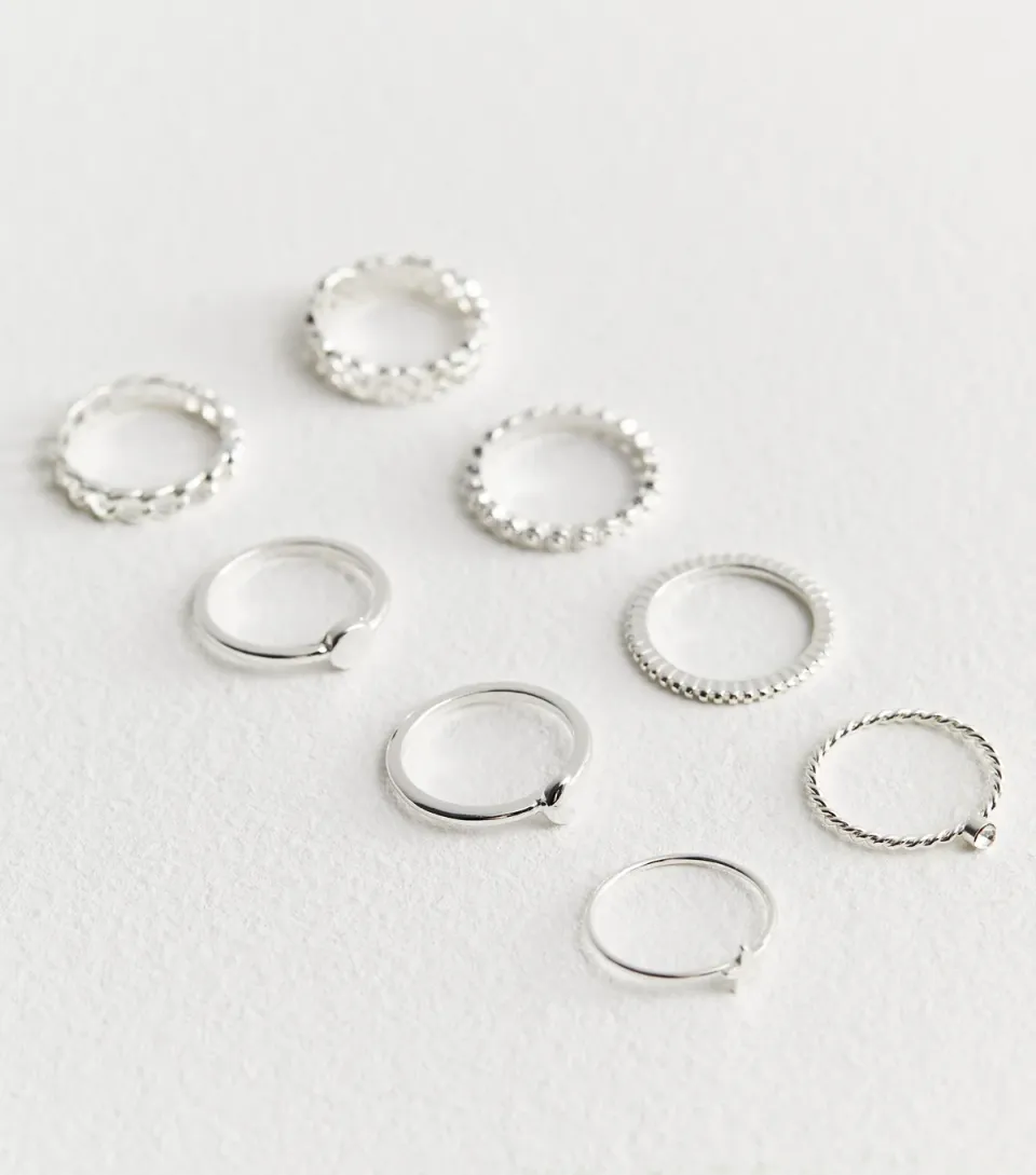 Pack of 8 Mixed Silver Tone Rings