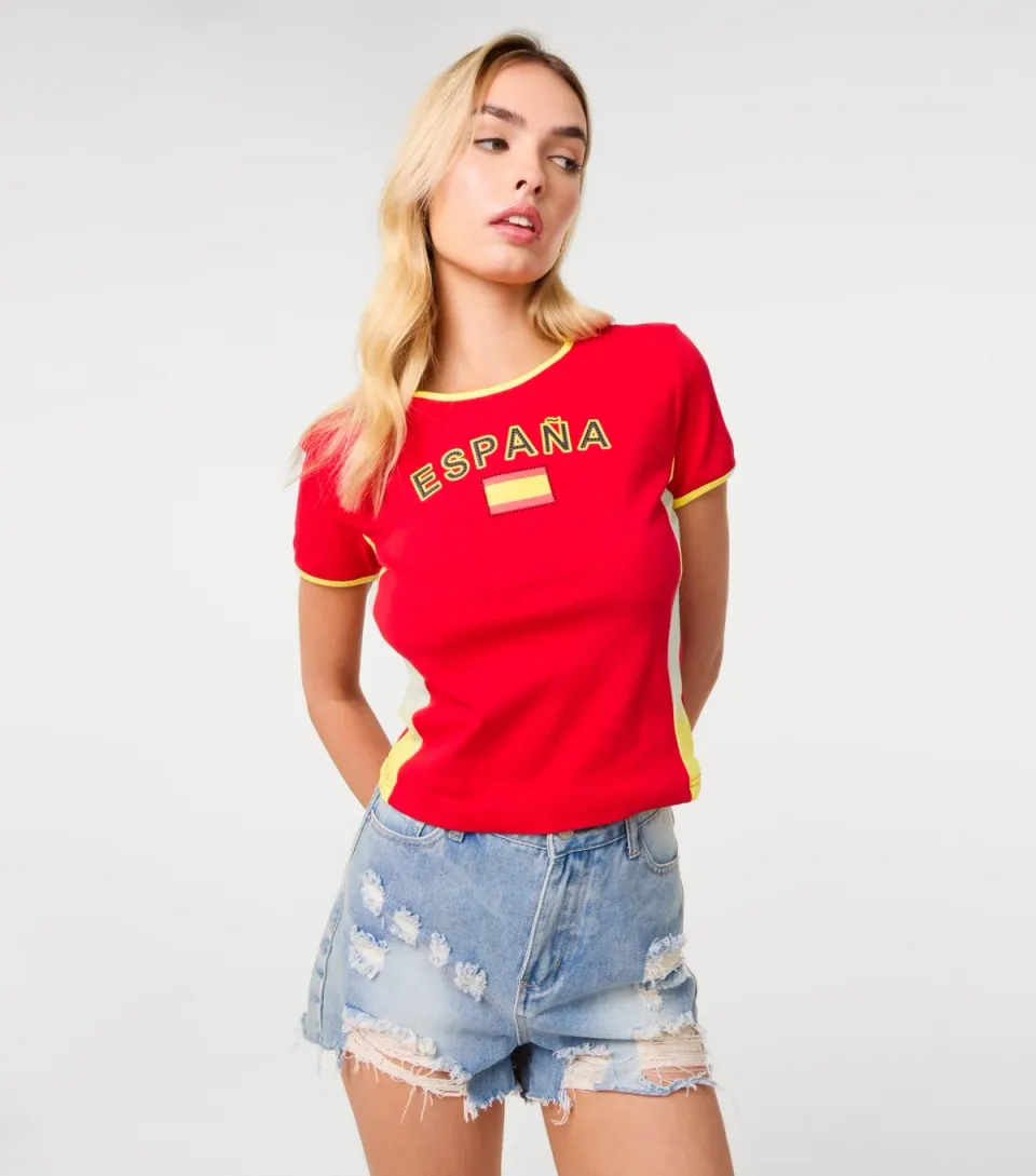 Women's Red Espana Embellished Football Top