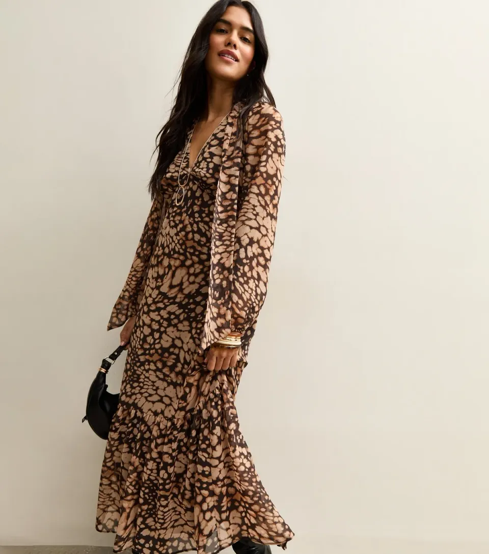 Women's Brown Printed Chiffon Tie Neck Midi Dress