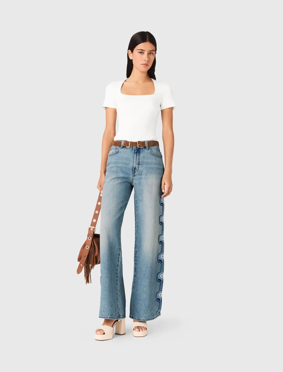Floral embroidered wide-leg jeans