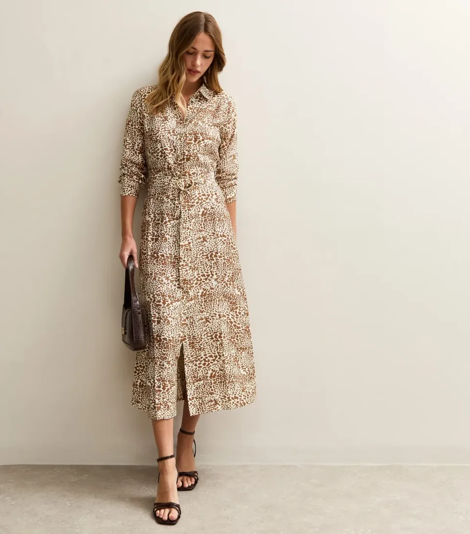 Women's Brown Animal Print Belted Midi Shirt Dress