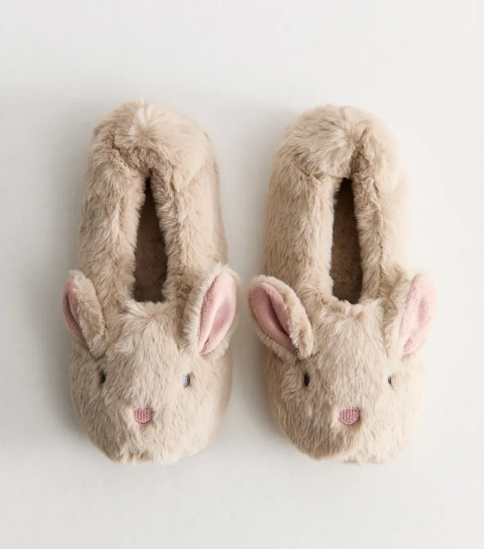 Women's Grey Faux Fur Bunny Shaped Slippers