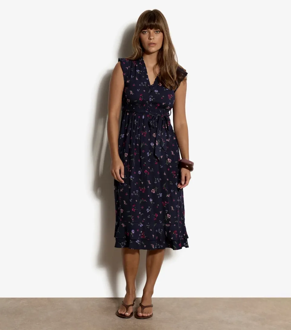 Women's Navy Ditsy Print Ruffle Midi Dress