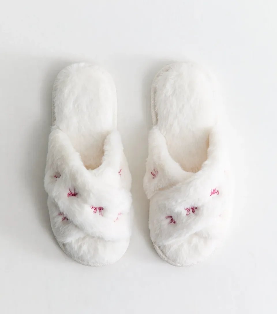 Women's White Fluffy Embroidered Bow Slide Slippers Vegan