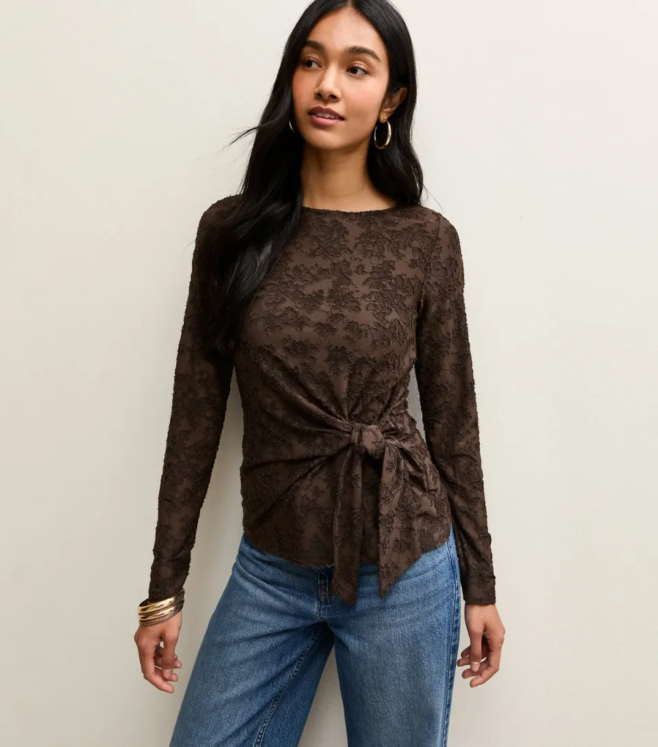 Women's Dark Brown Jersey Floral Burnout Knot Long Sleeve Top