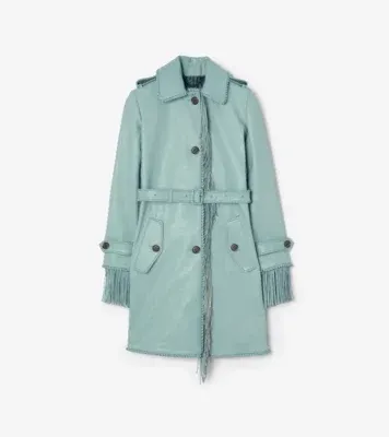 Short Fringed Leather Car Coat in Turquoise