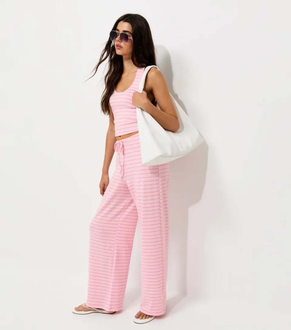 Women's Pink Cotton Rich Striped Wide Leg Trousers