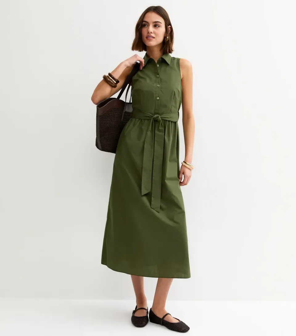 Women's Khaki Sleeveless Button Up Midi Shirt Dress