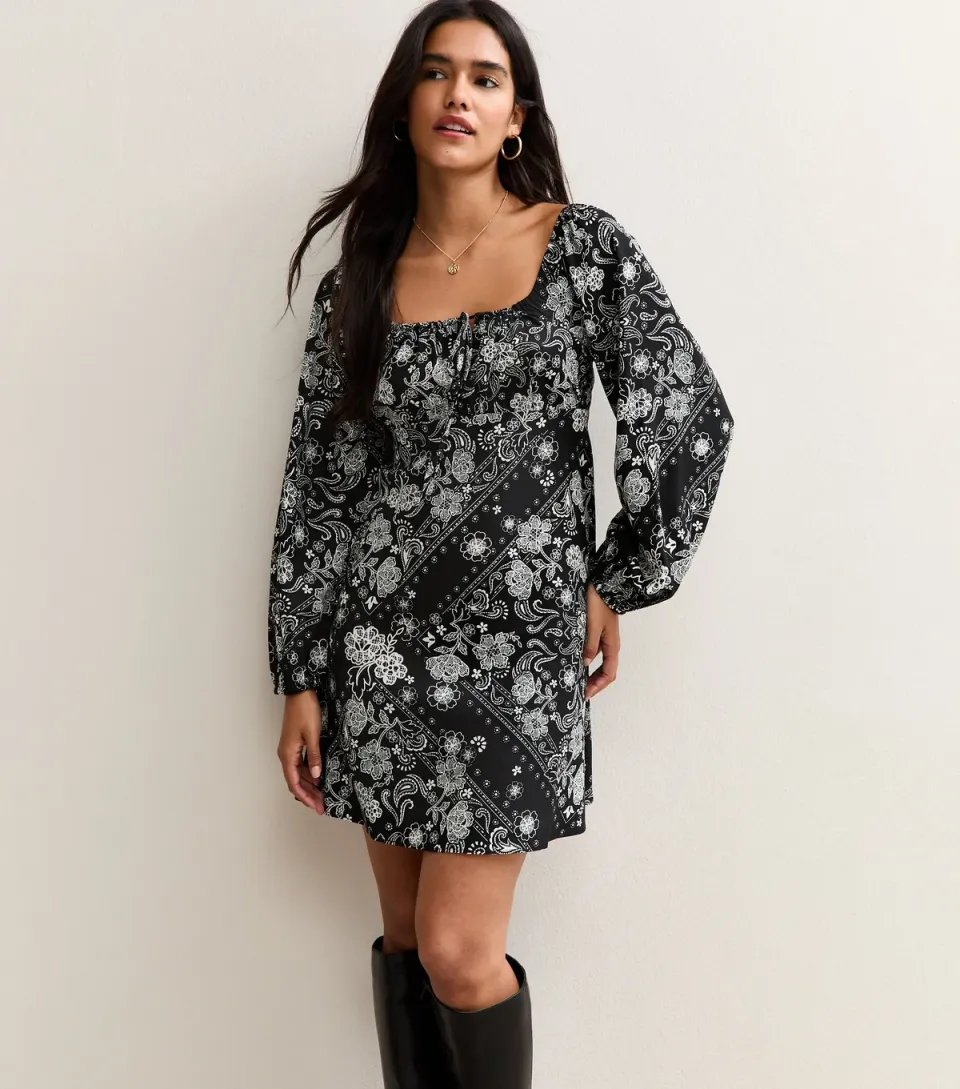 Women's Black Paisley Print Long Sleeve Milkmaid Mini Dress