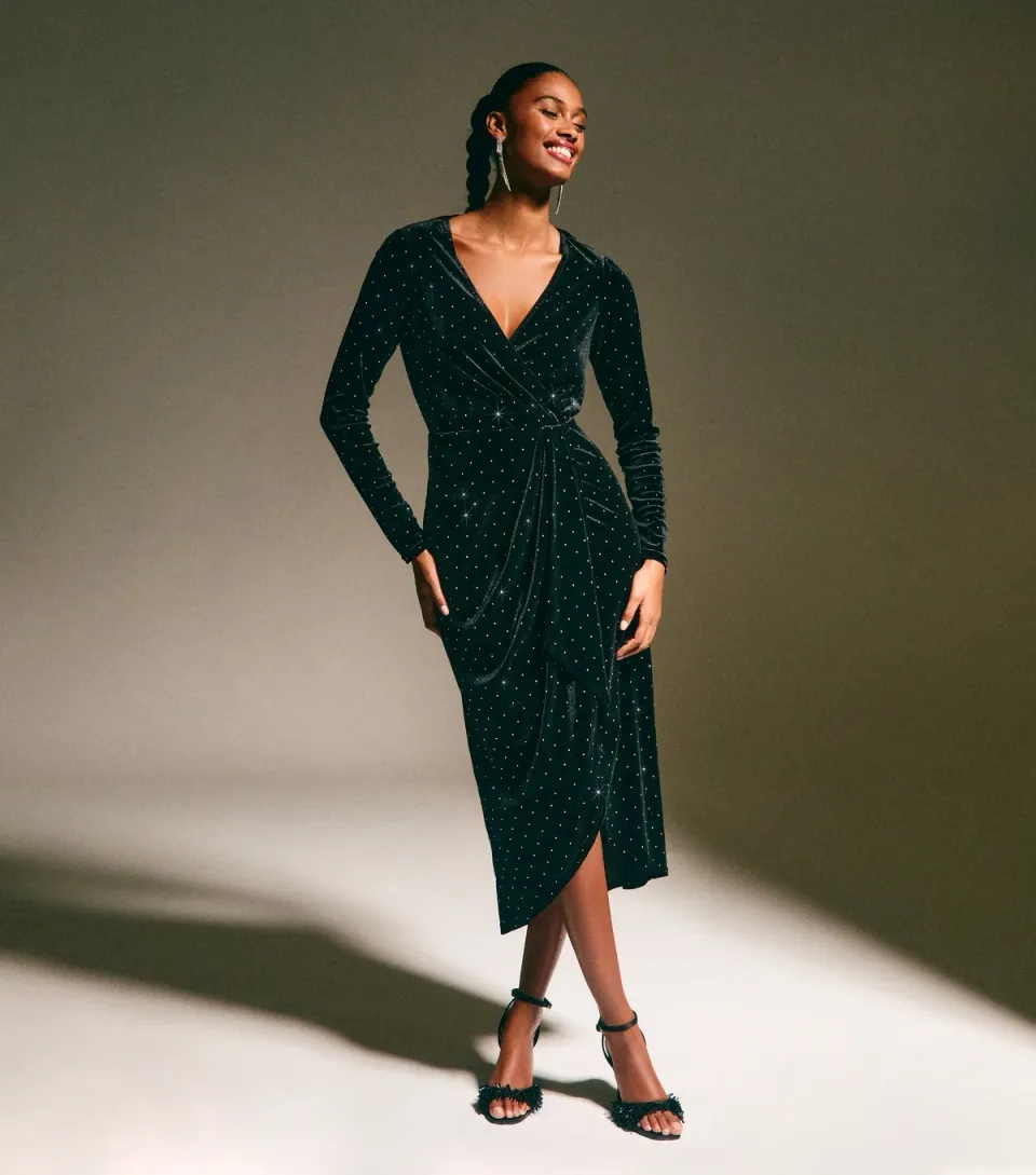 Women's Dark Burgundy Velvet Diamante Embellished Wrap Midi Dress
