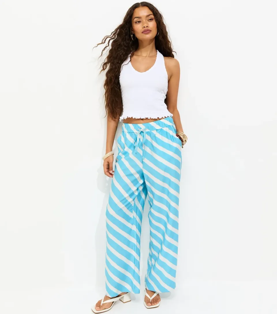 Women's Petite Blue Diagonal Stripe Wide Leg Trousers