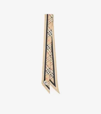 Skinny Check Silk Scarf in Sand beige