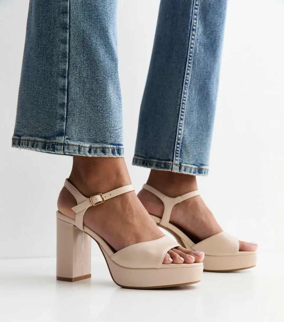 Women's Off White Faux Leather Platform Blok Heel Sandals Vegan