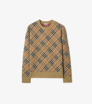 Check Cotton Wool Sweater in Sand beige