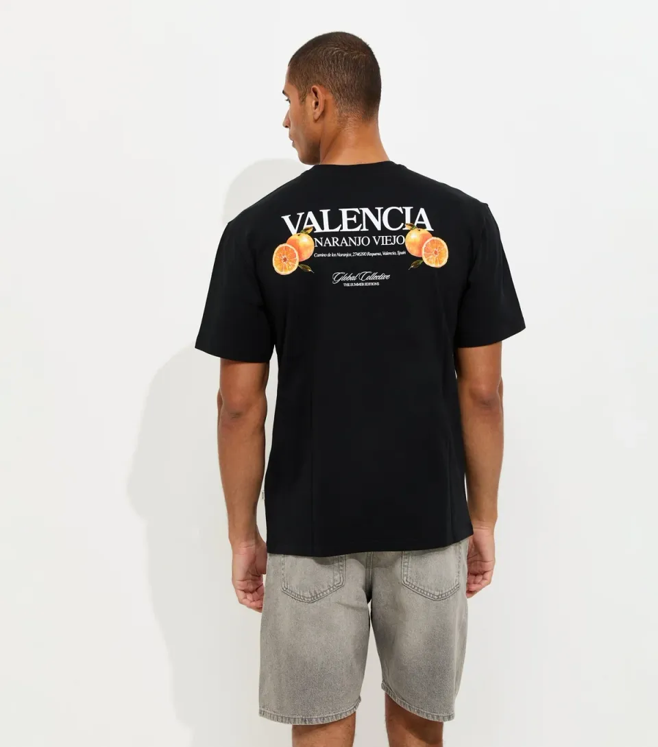 Men's Black Cotton Regular Fit Valencia Fruit Print T-Shirt