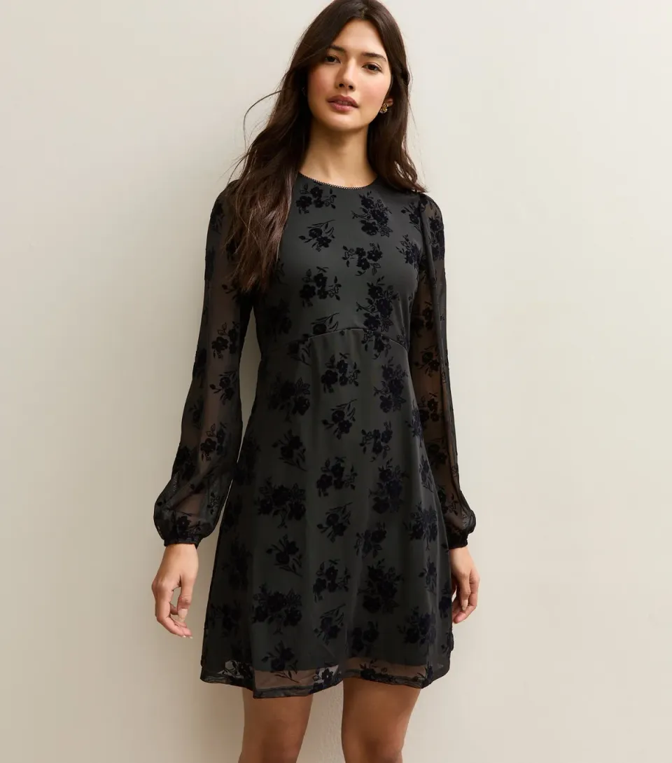 Women's Black Floral Devore Long Sleeve Mini Dress
