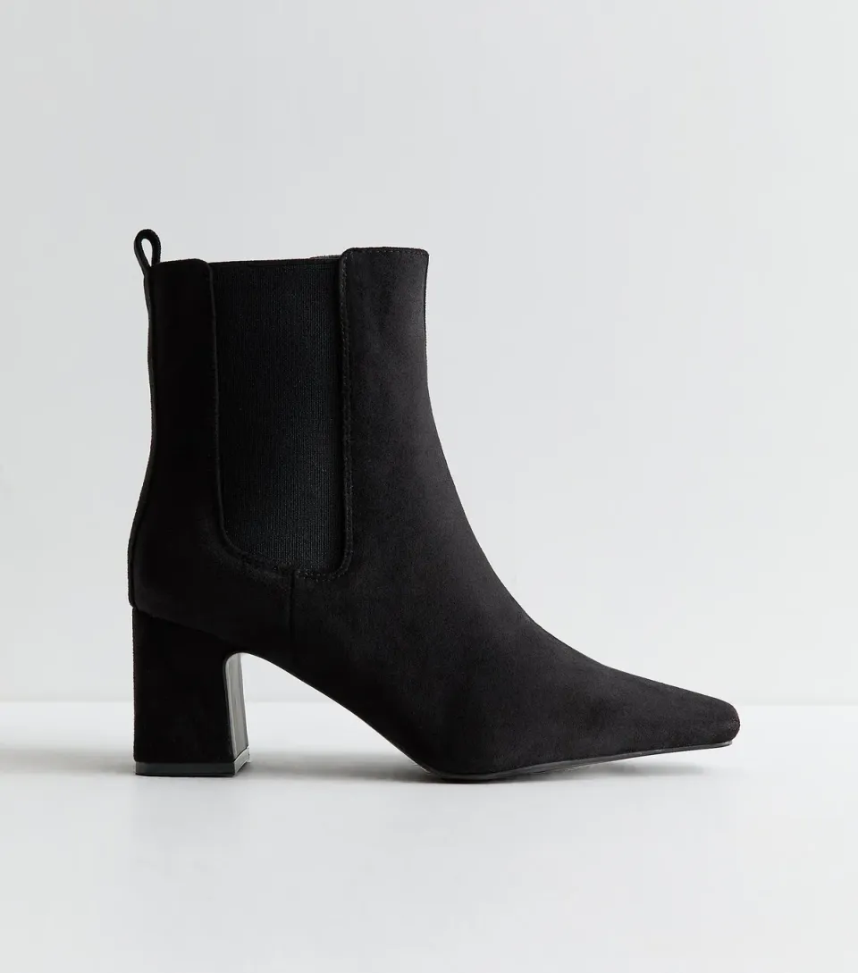 Women's Wide Fit Black Faux Suede Block Heel Chelsea Boots Vegan