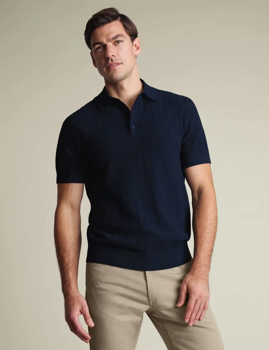 Pure Cotton Textured Knitted Polo Shirt Navy