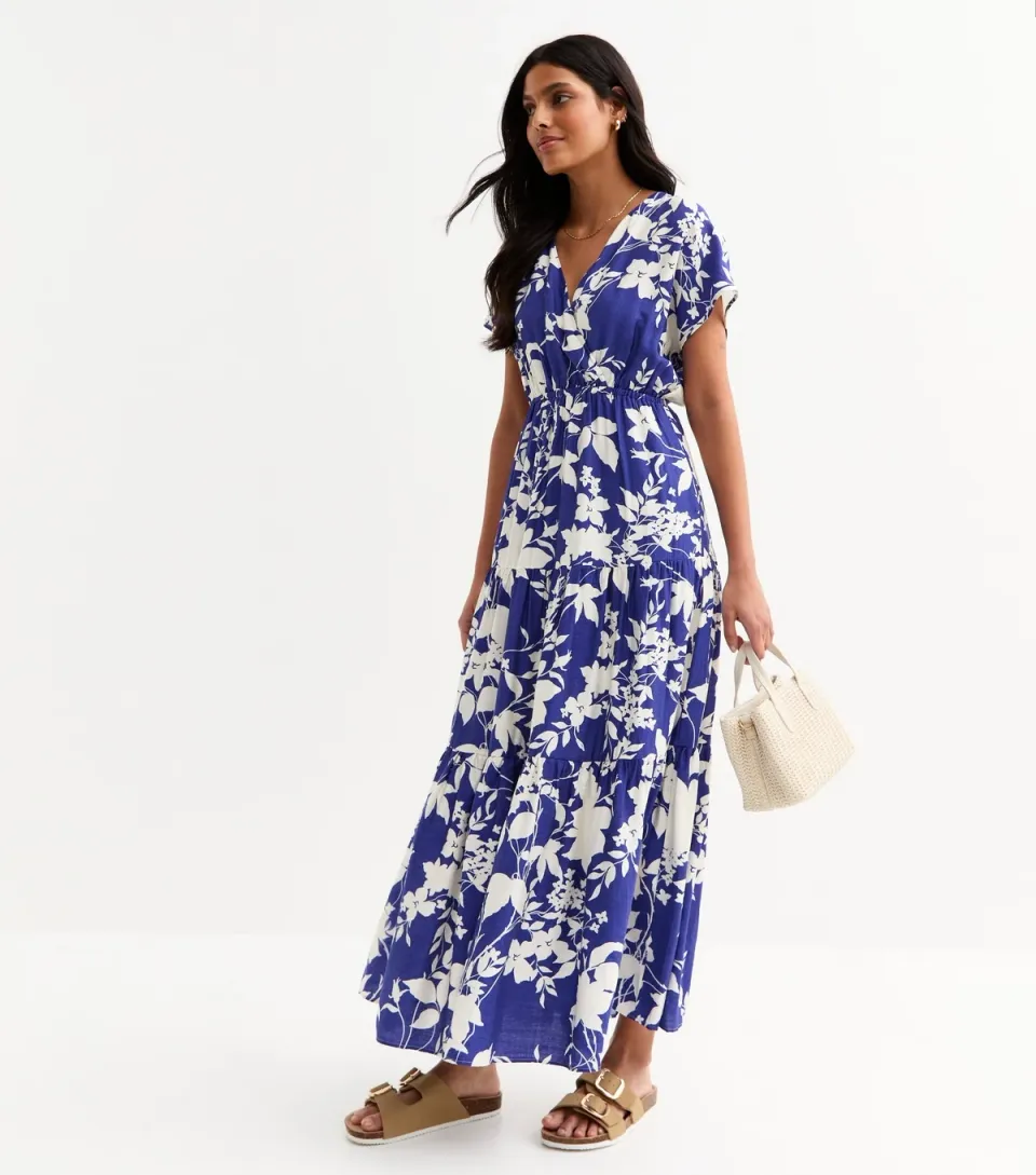 Women's Blue Floral Print Midi Dress