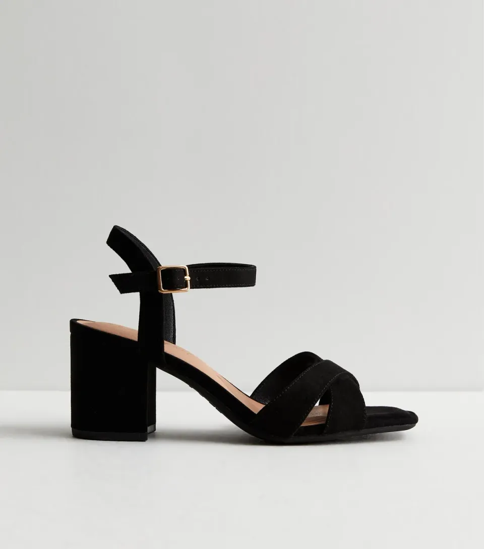 Women's Wide Fit Black Suedette 2 Part Block Heel Sandals