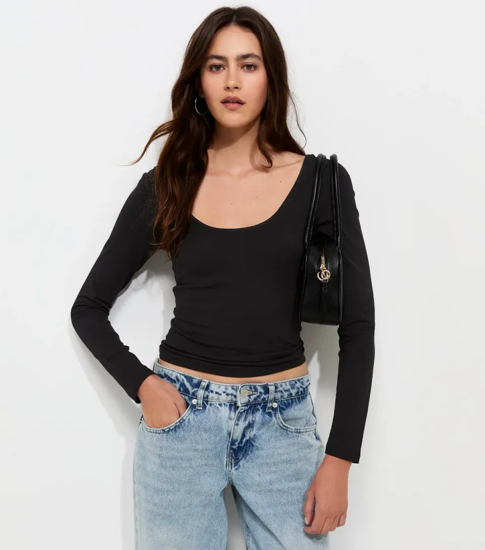 Women's Black Cotton Rich Long Sleeve Scoop Neck Top