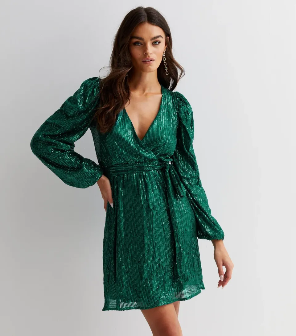Women's Dark Green Sequin V Neck Long Sleeve Belted Mini Wrap Dress
