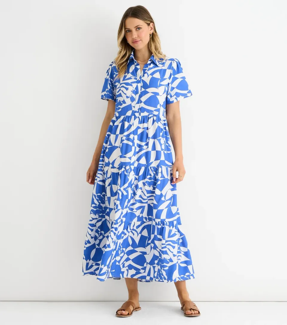 Women's Blue Aztec Print Maxi Shirt Dress