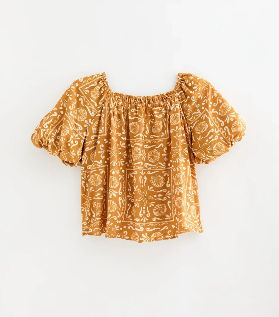 Women's Plus Size Orange Shell Print Puff Sleeve Blouse Curves