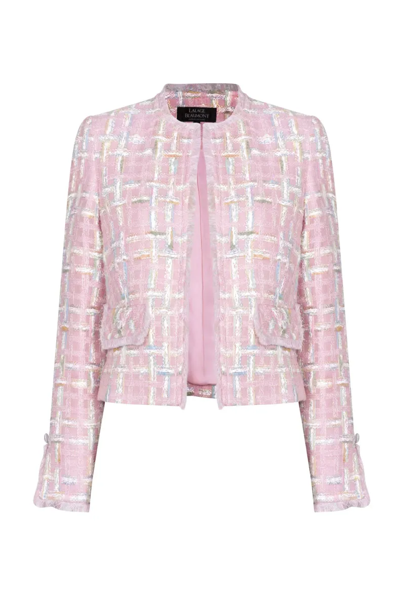 Pale Pink Featherweight Short Tweed Jacket with Pastel Overchecks - Carrie