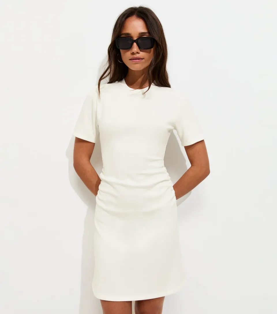 Women's Cream Ruched Side Short Sleeve Mini Dress