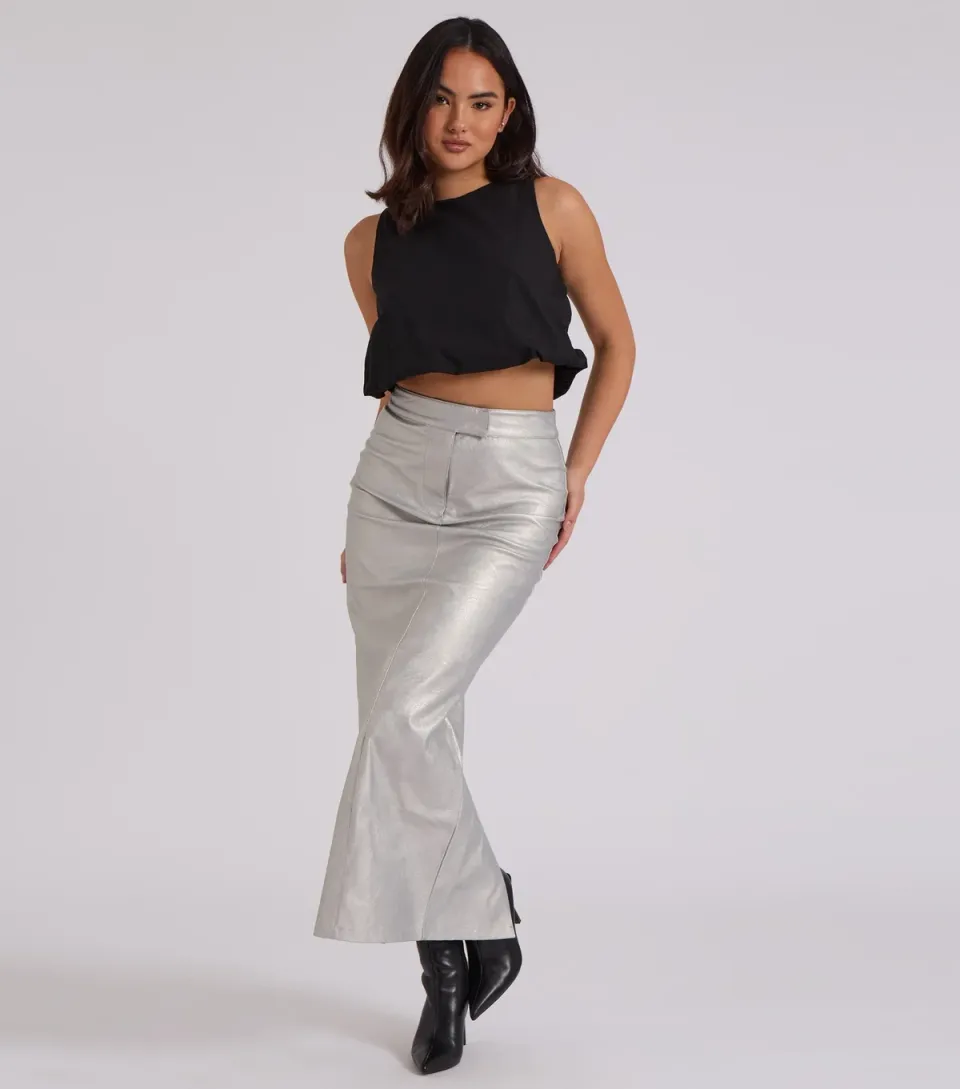 Women's Silver Faux Leather Midi Skirt