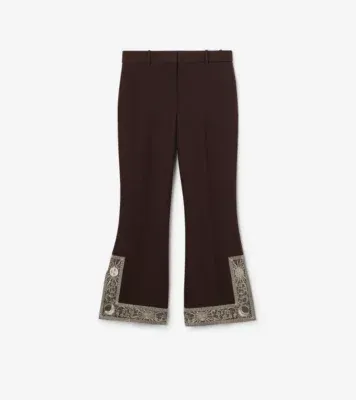 Cropped Embroidered Wool Silk Flared Trousers in Charred brown