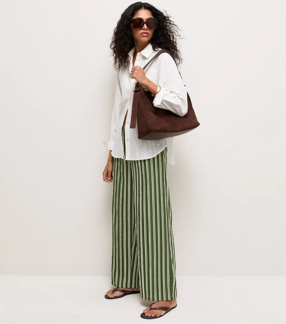 Women's Green Striped Drawstring Wide Leg Trousers