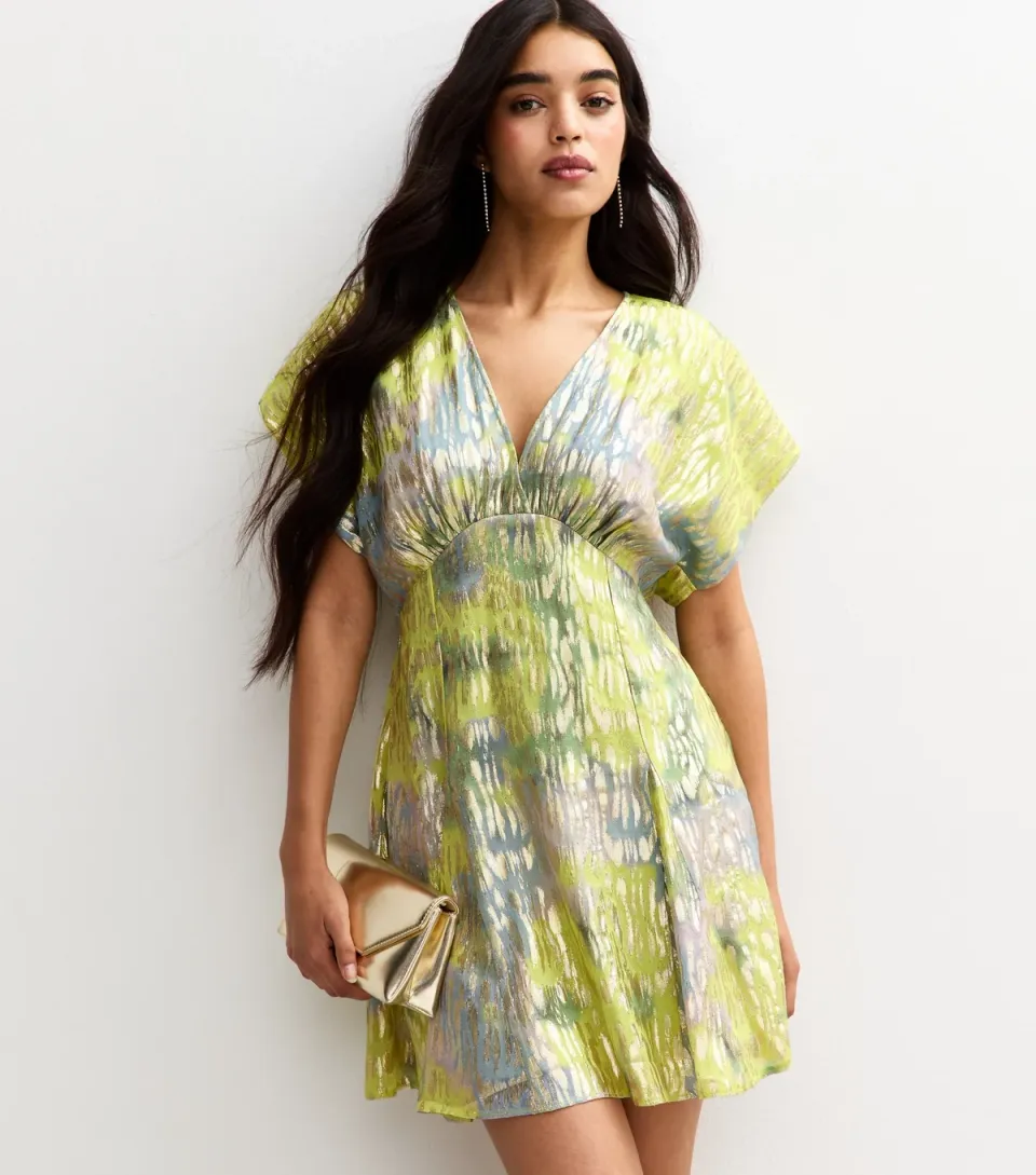 Women's Multicoloured Metallic Jacquard V Neck Mini Dress