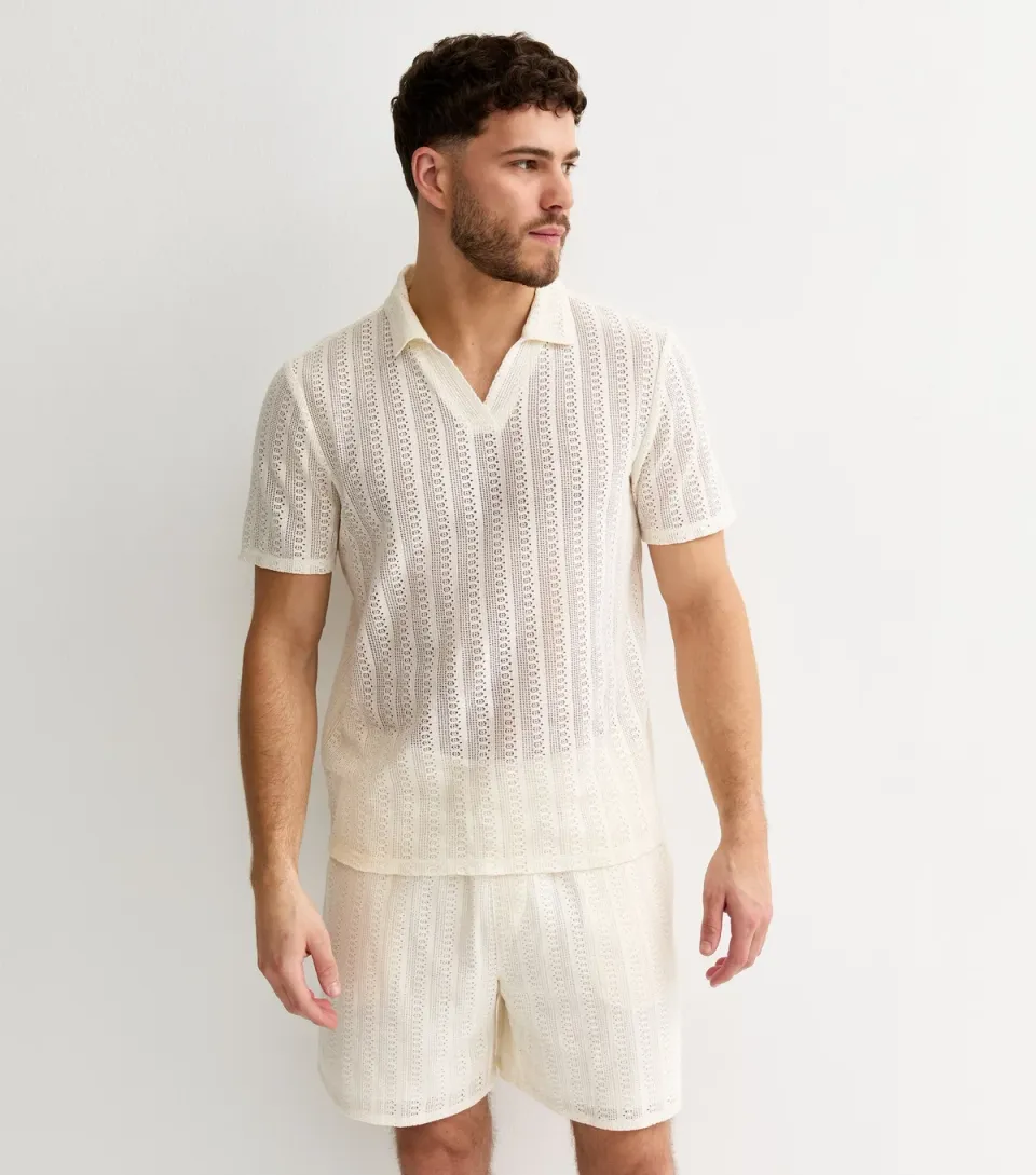 Men's Off White Regular Crochet Drawstring Shorts