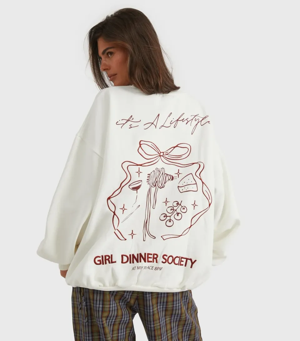 Women's Ecru Girl Dinner Society Embroidered Sweatshirt