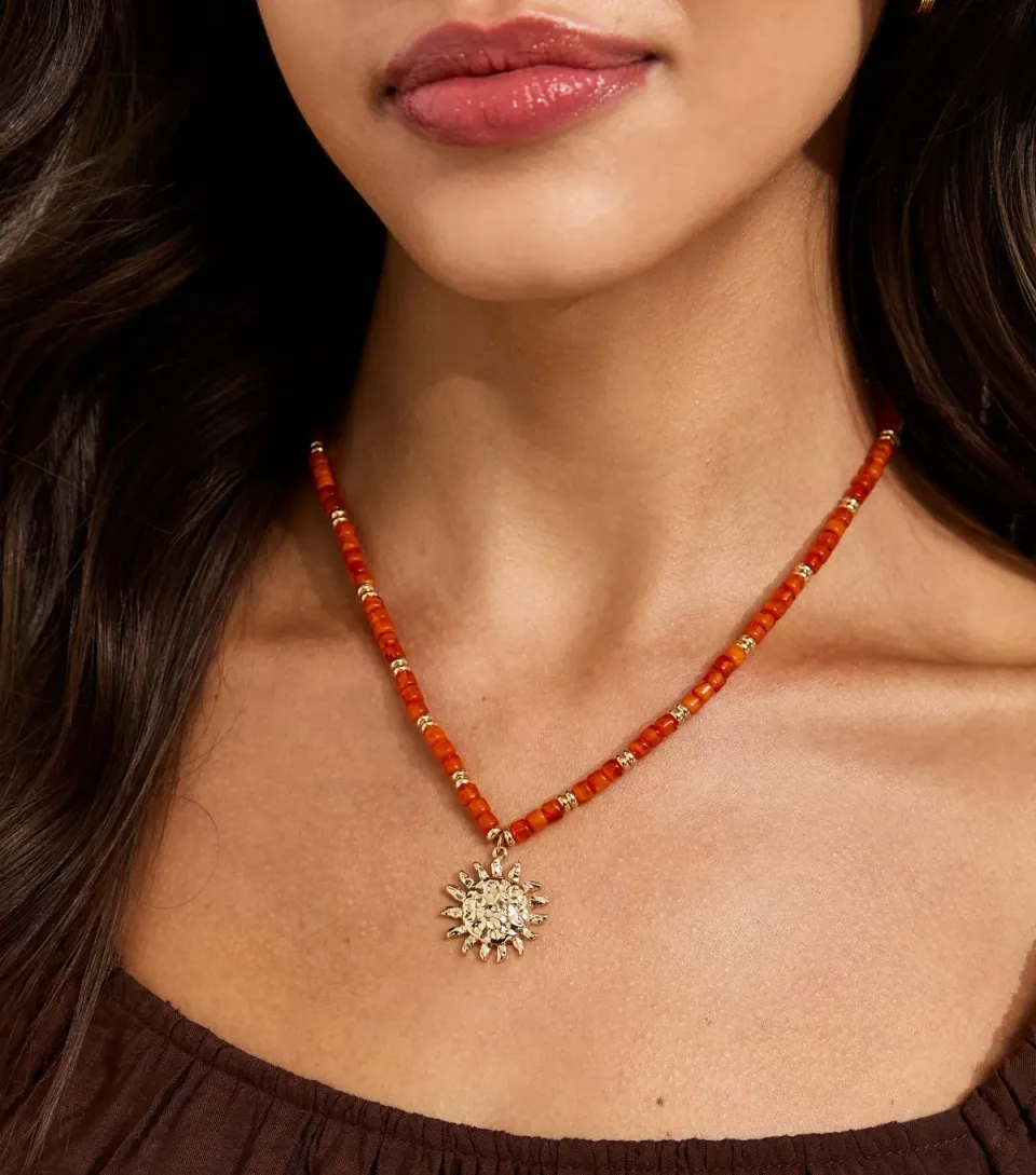 Orange Beaded Sun Pendant Necklace