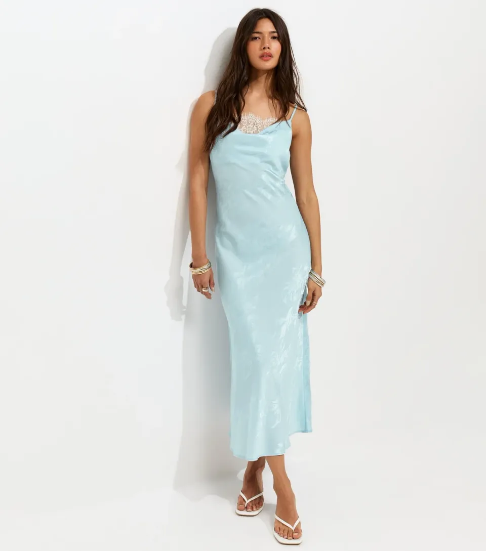 Women's Light Blue Lace Trim Floral Jacquard Strappy Midi Dress